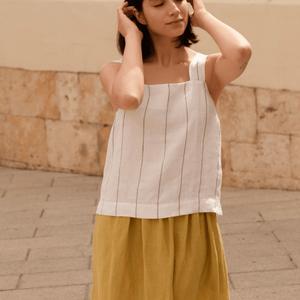 Linen Tales Milk White With Grey Stripe Linen Polka Top