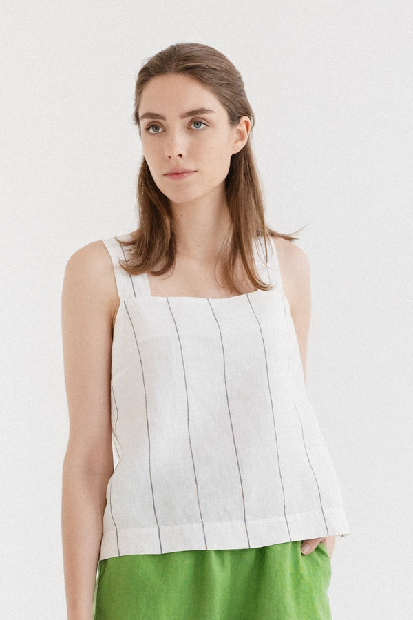 Linen Tales Milk White With Grey Stripe Linen Polka Top