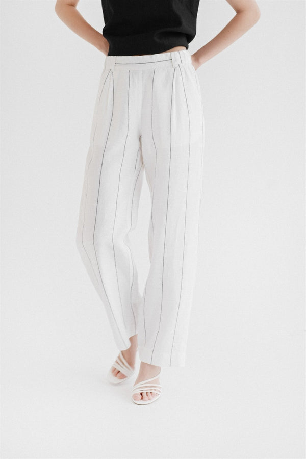 Linen Tales Milk White With Grey Stripe Linen Willow Trousers