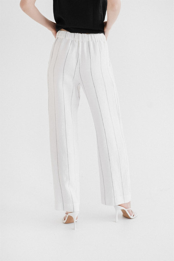 Linen Tales Milk White With Grey Stripe Linen Willow Trousers