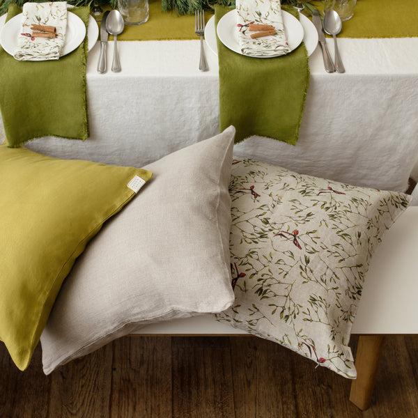 Linen Tales Mistletoe On Light Natural Linen Cushion Cover