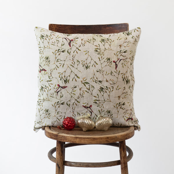 linen tales Mistletoe on Light Natural Linen Cushion Cover