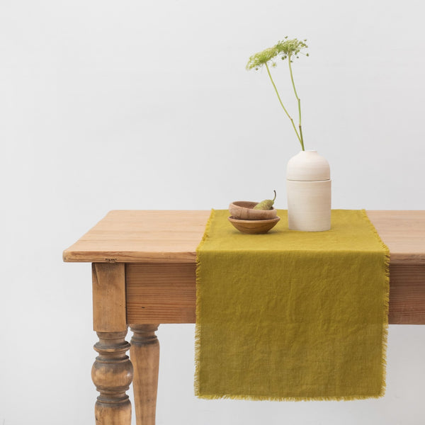 Linen Tales Moss Green Linen Table Runner With Fringes