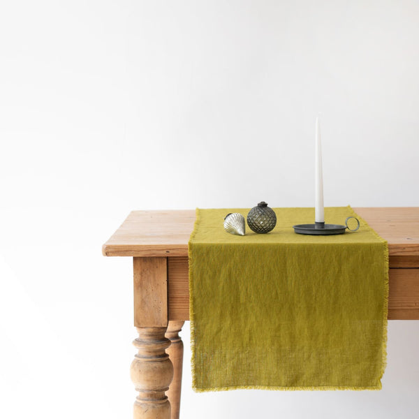 Linen Tales Moss Green Linen Table Runner With Fringes