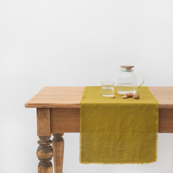 Linen Tales Moss Green Linen Table Runner With Fringes