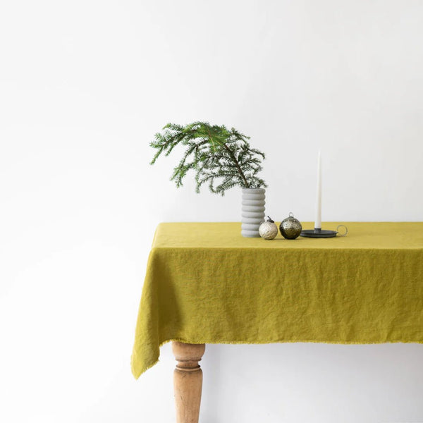 linen tales Moss Green Linen Tablecloth with Fringes