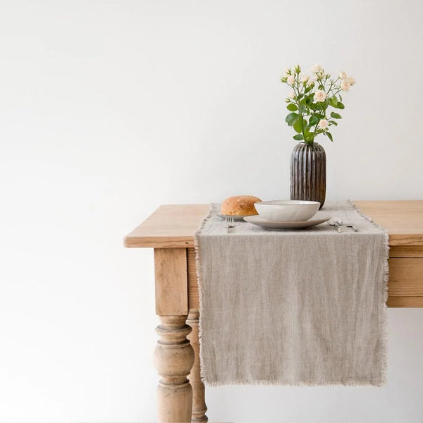 linen tales Natural Linen Table Runner with Fringes