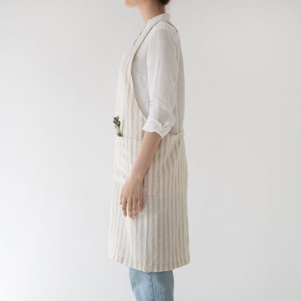 Linen Tales Natural White Stripes Linen Crossback Apron