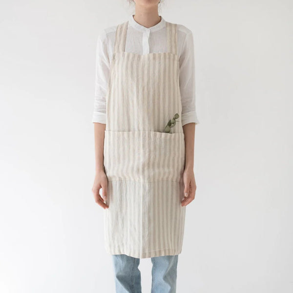 linen tales Natural White Stripes Linen Crossback Apron