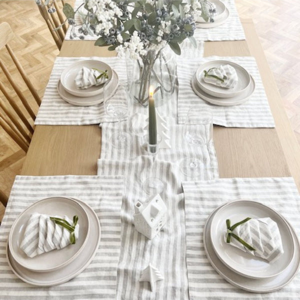 Linen Tales Natural White Stripes Linen Table Runner