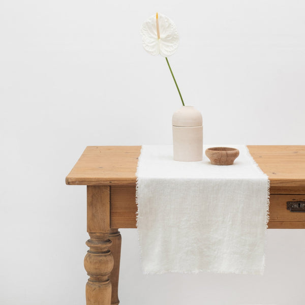 linen tales Off-White Linen Table Runner with Fringes