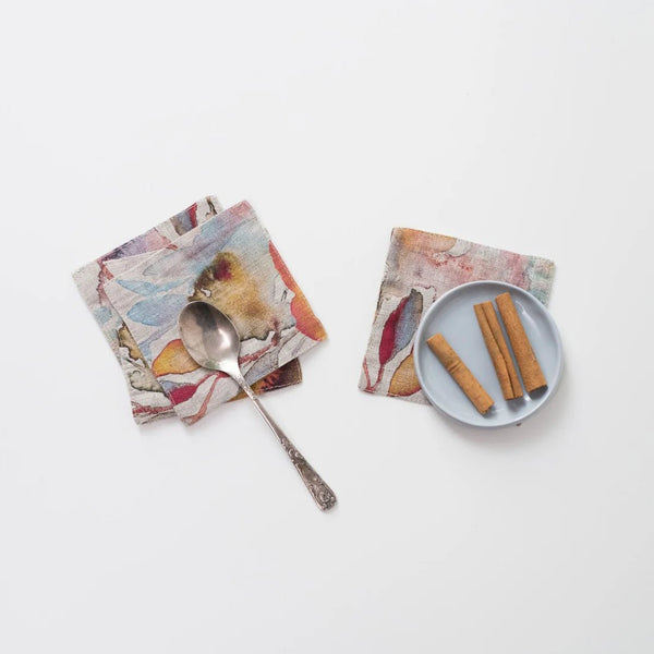 linen tales Orange Flow on Natural Linen Coasters Set of 4