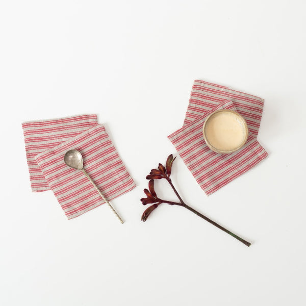 linen tales Red Natural Stripes Linen Coasters Set of 4