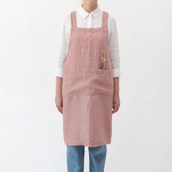 linen tales Red Natural Stripes Linen Crossback Apron