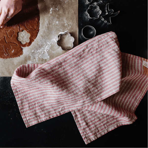 Linen Tales Red Natural Stripes Linen Kitchen Towel