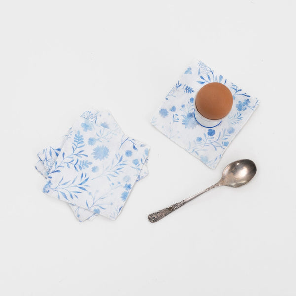 linen tales White Botanical Blue Linen Coasters Set of 4