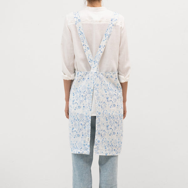 Linen Tales White Botanical Blue Linen Crossback Apron