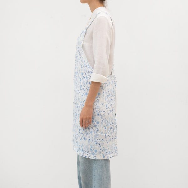 Linen Tales White Botanical Blue Linen Crossback Apron