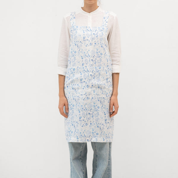 Linen Tales White Botanical Blue Linen Crossback Apron