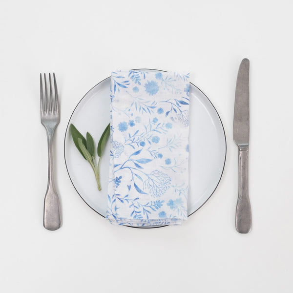 linen tales White Botanical Blue Linen Napkins Set of 2