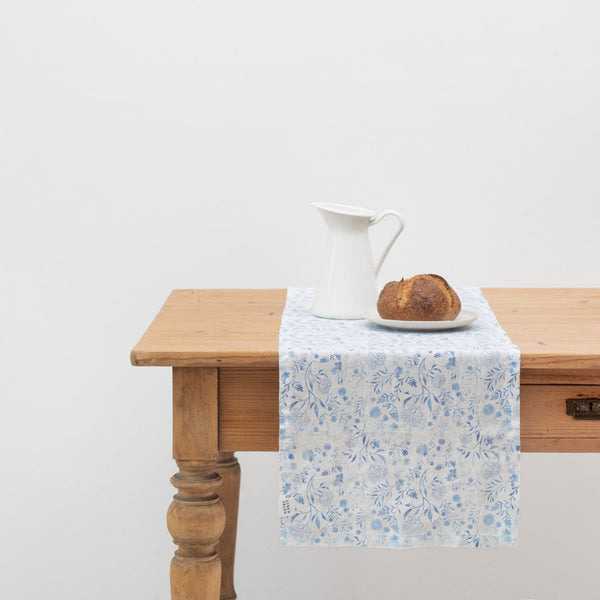 linen tales White Botanical Blue Linen Table Runner