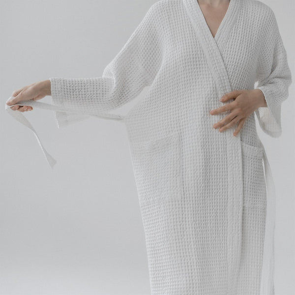 Linen Tales White Linen & Cotton Honeycomb Waffle Bathrobe