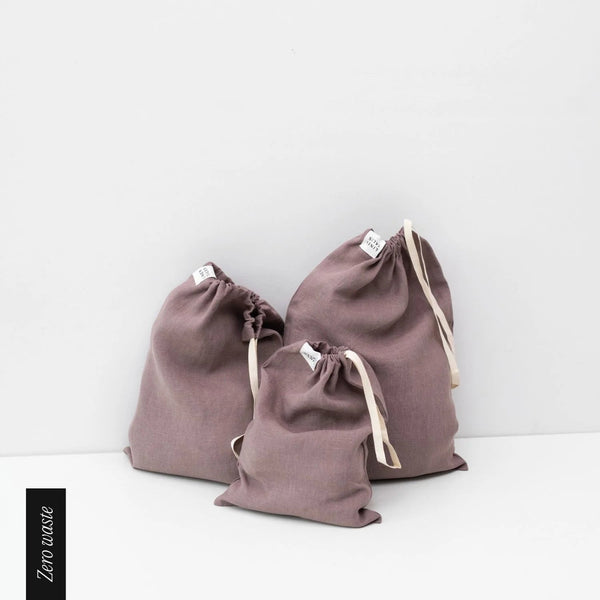 linen tales Zero Waste Ashes of Roses Linen Drawstring Bags Set of 3