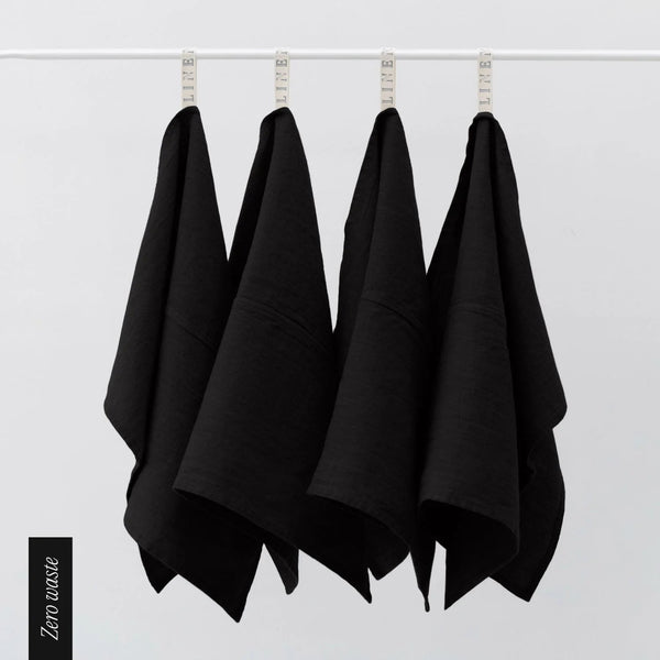 linen tales Zero Waste Black Linen Kitchen Towels Set of 4