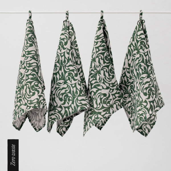 linen tales Zero Waste Evergreen Damask Linen Kitchen Towels Set of 4