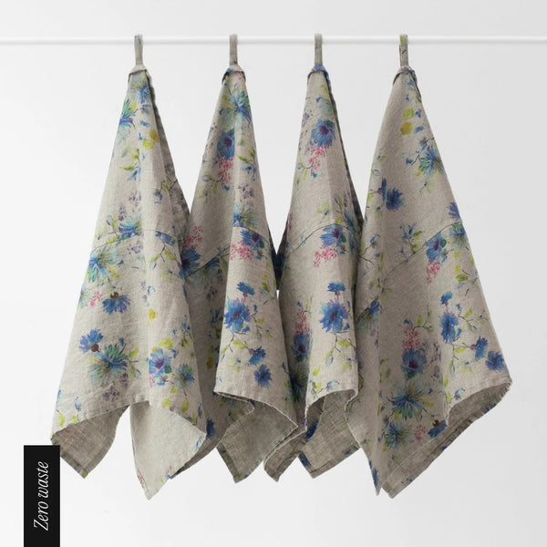 linen tales Zero Waste Flowers on Natural Linen Kitchen Towels Set of 4
