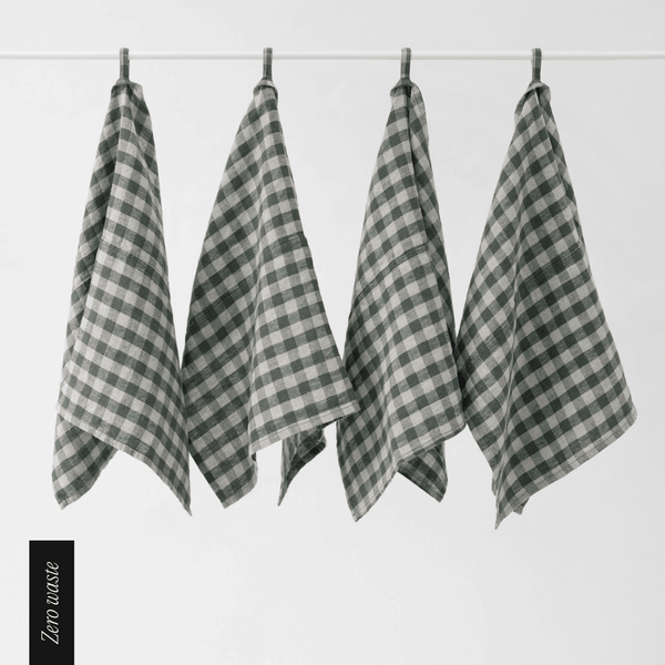 linen tales Zero Waste Forest Green Gingham Linen Kitchen Towels Set of 4