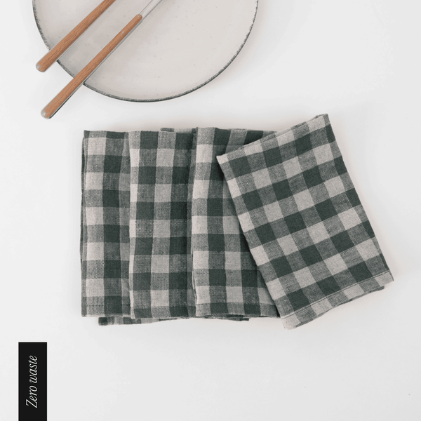 linen tales Zero Waste Forest Green Gingham Linen Napkins Set of 4
