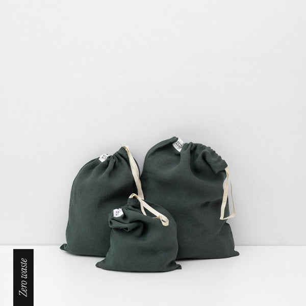 linen tales Zero Waste Forest Green Linen Drawstring Bags Set of 3