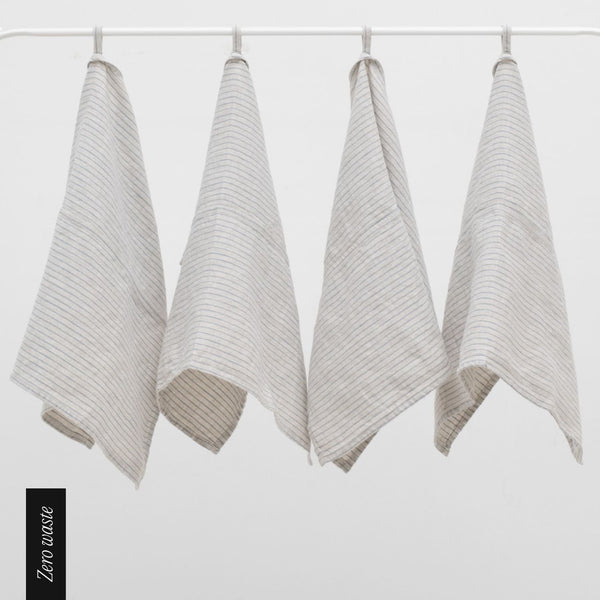 linen tales Zero Waste Grey Blue Pinstripe Rustic Linen Kitchen Towels Set of 4