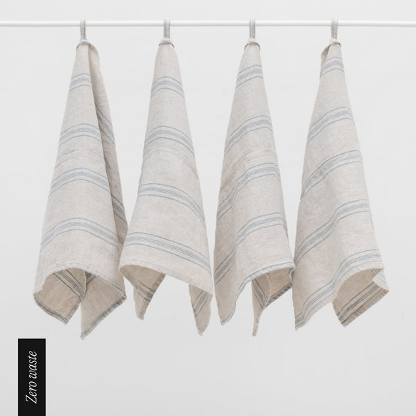 linen tales Zero Waste Grey Blue Wide Stripe Rustic Linen Kitchen Towels Set of