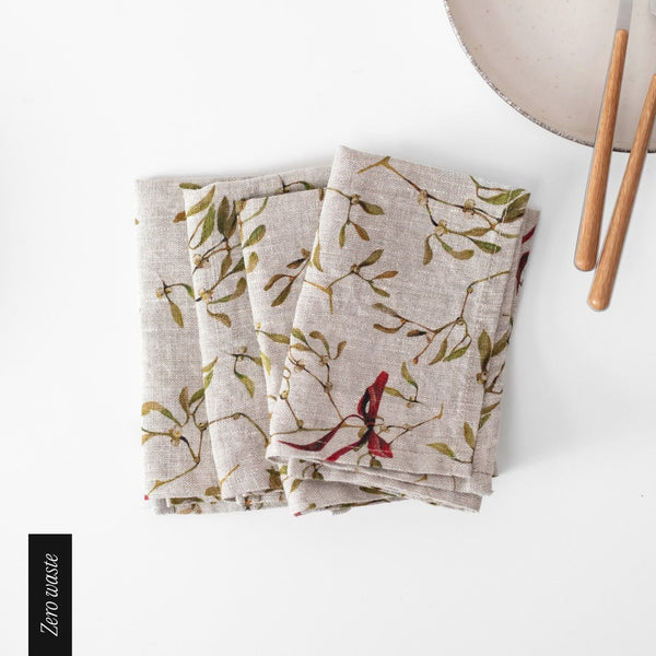 linen tales Zero Waste Mistletoe on Natural Linen Napkins Set of 4