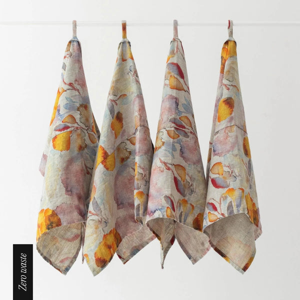 linen tales Zero Waste Orange Flow on Natural Linen Kitchen Towels Set of 4