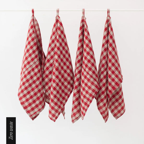 linen tales Zero Waste Red Gingham Linen Kitchen Towels Set of 4
