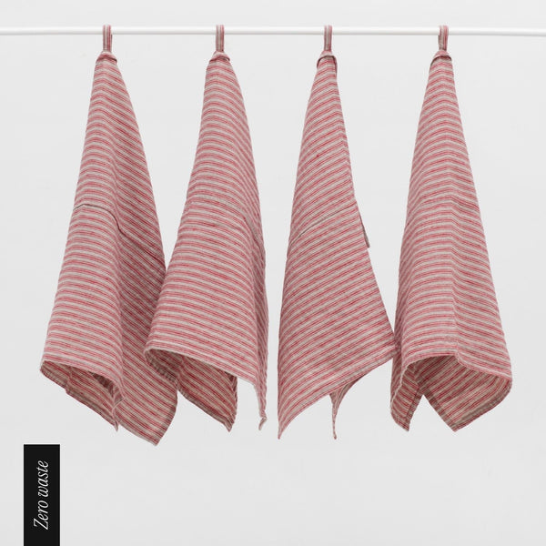 linen tales Zero Waste Red Natural Stripes Linen Kitchen Towels Set of 4