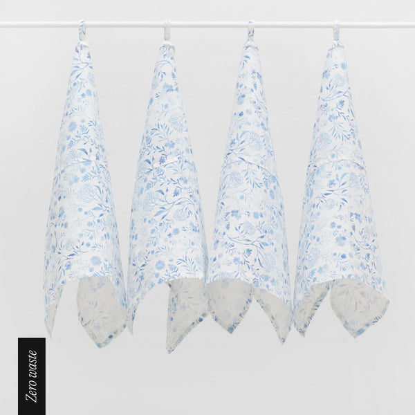 linen tales Zero Waste White Botanical Blue Linen Kitchen Towels Set of 4