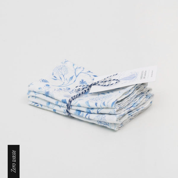 linen tales Zero Waste White Botanical Blue Linen Napkins Set of 4