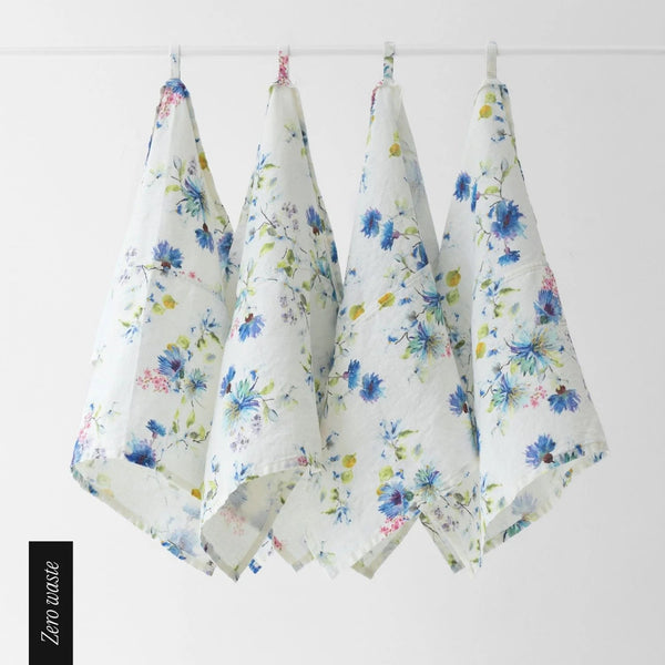 linen tales Zero Waste White Flowers Linen Kitchen Towels Set of 4