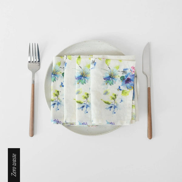 linen tales Zero Waste White Flowers Linen Napkins Set of 4