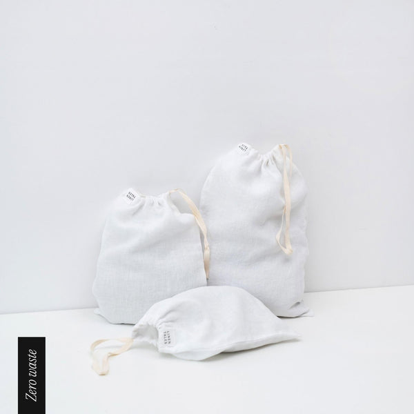 linen tales Zero Waste White Linen Drawstring Bags Set of 3