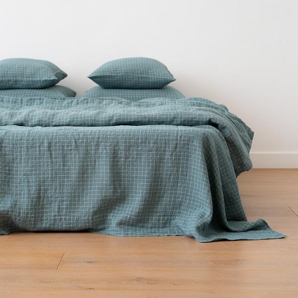 linenme Arctic White Check Washed Bed Linen Flat Sheet