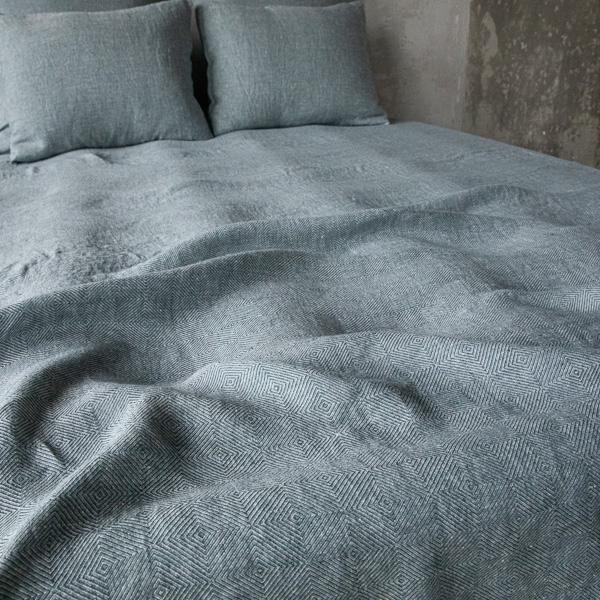 Linenme Balsam Green Linen Bed Set Stone Washed Rhomb