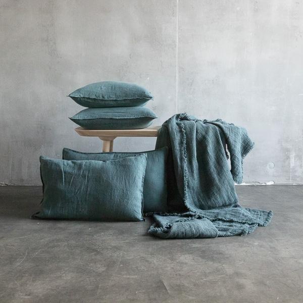 Linenme Balsam Green Linen Throw With Fringes Washed Waffle Big
