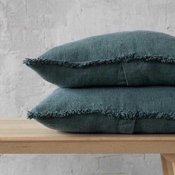 Linenme Balsam Green Rustic Linen Cushion Cover With Fringes