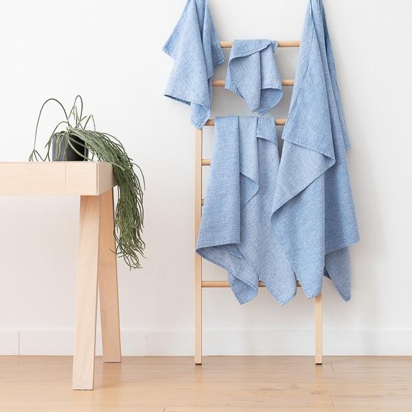 Linenme Blue Linen Cotton Bath Towels Set Wafer Washed