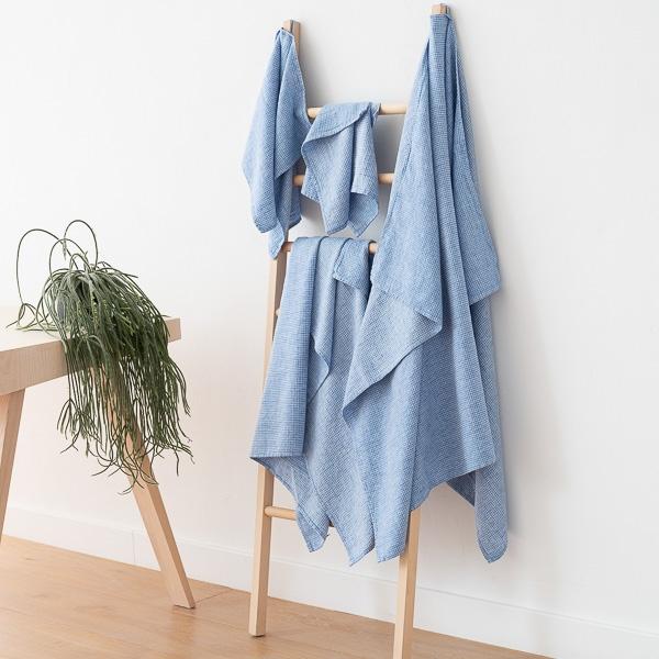 Linenme Blue Linen Cotton Bath Towels Set Wafer Washed